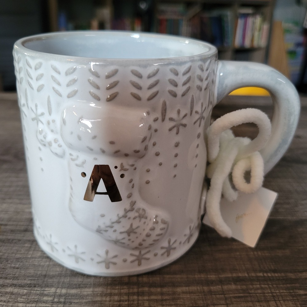 Anthropologie Christmas Stocking Monogram Mug Letter A White Grey Holiday Winter